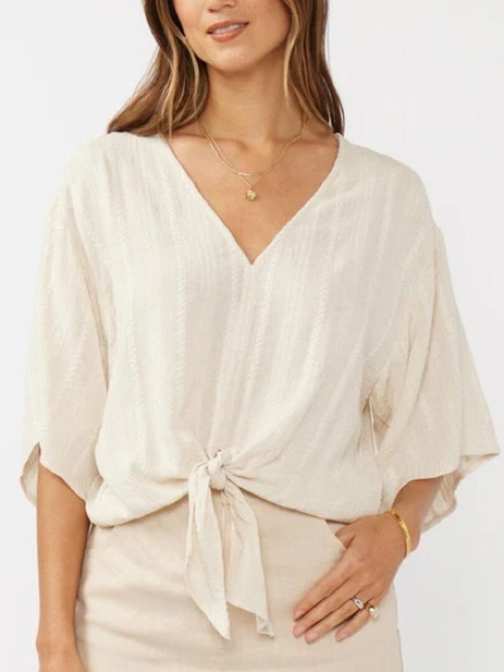 lovestitch Cream Tie-Front V-Neck Tunic Top small